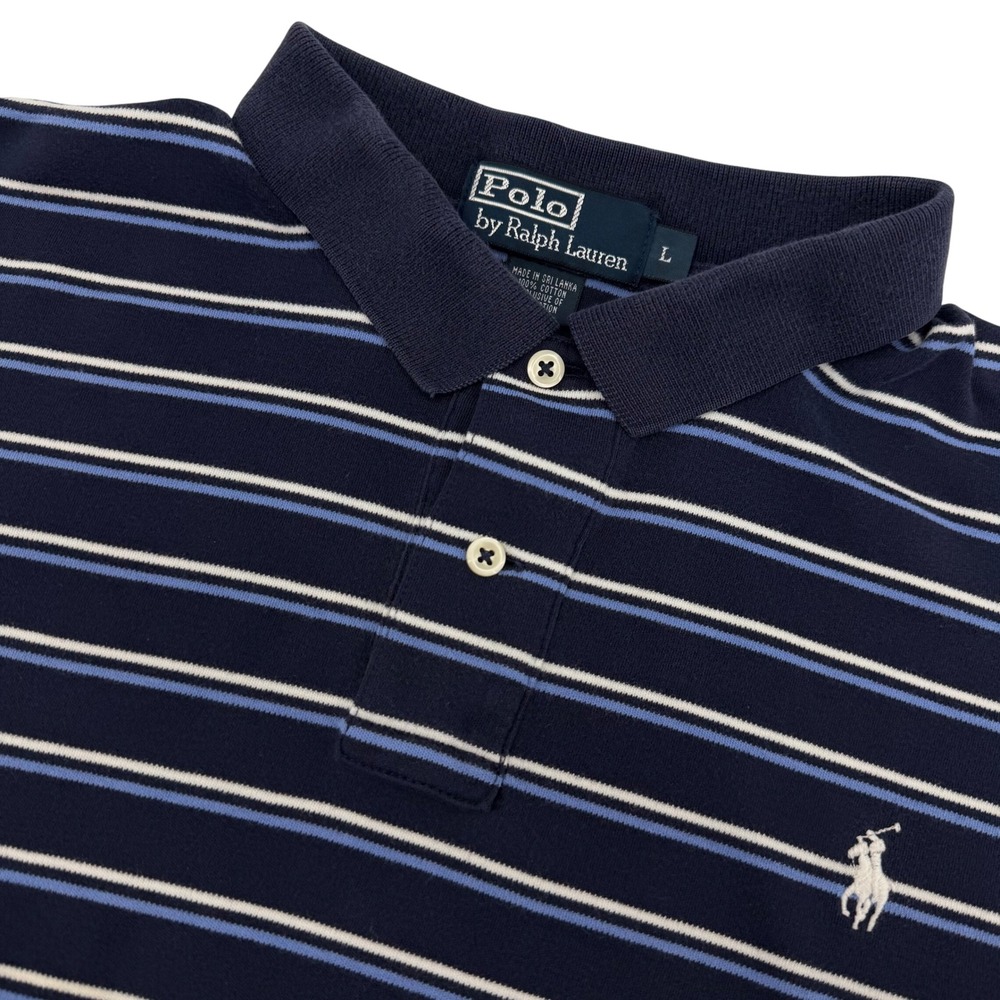 Polo Ralph Lauren Polo Shirt Men L Navy Blue White Stripe Short Sleeve Pony Logo
